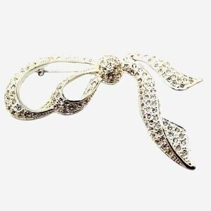 Genuine Signed Napier White Rhinestone Bow Brooch Pin • Silver Tone